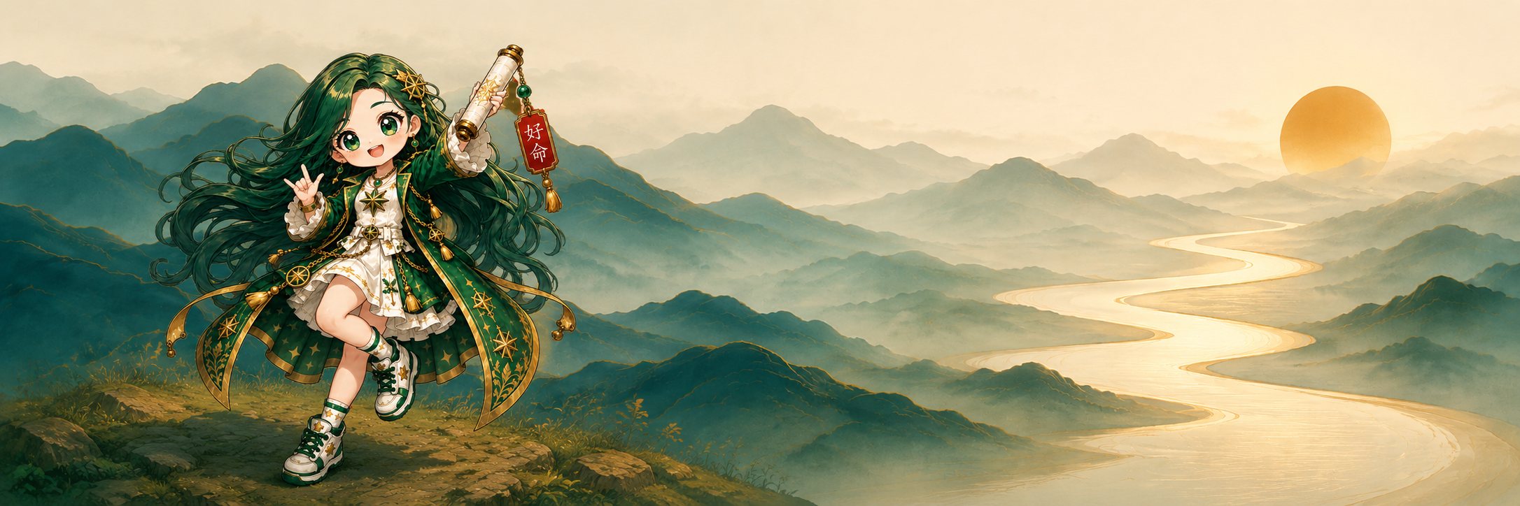 Ming standing at a mountain overlook as the sun rises over a golden river
