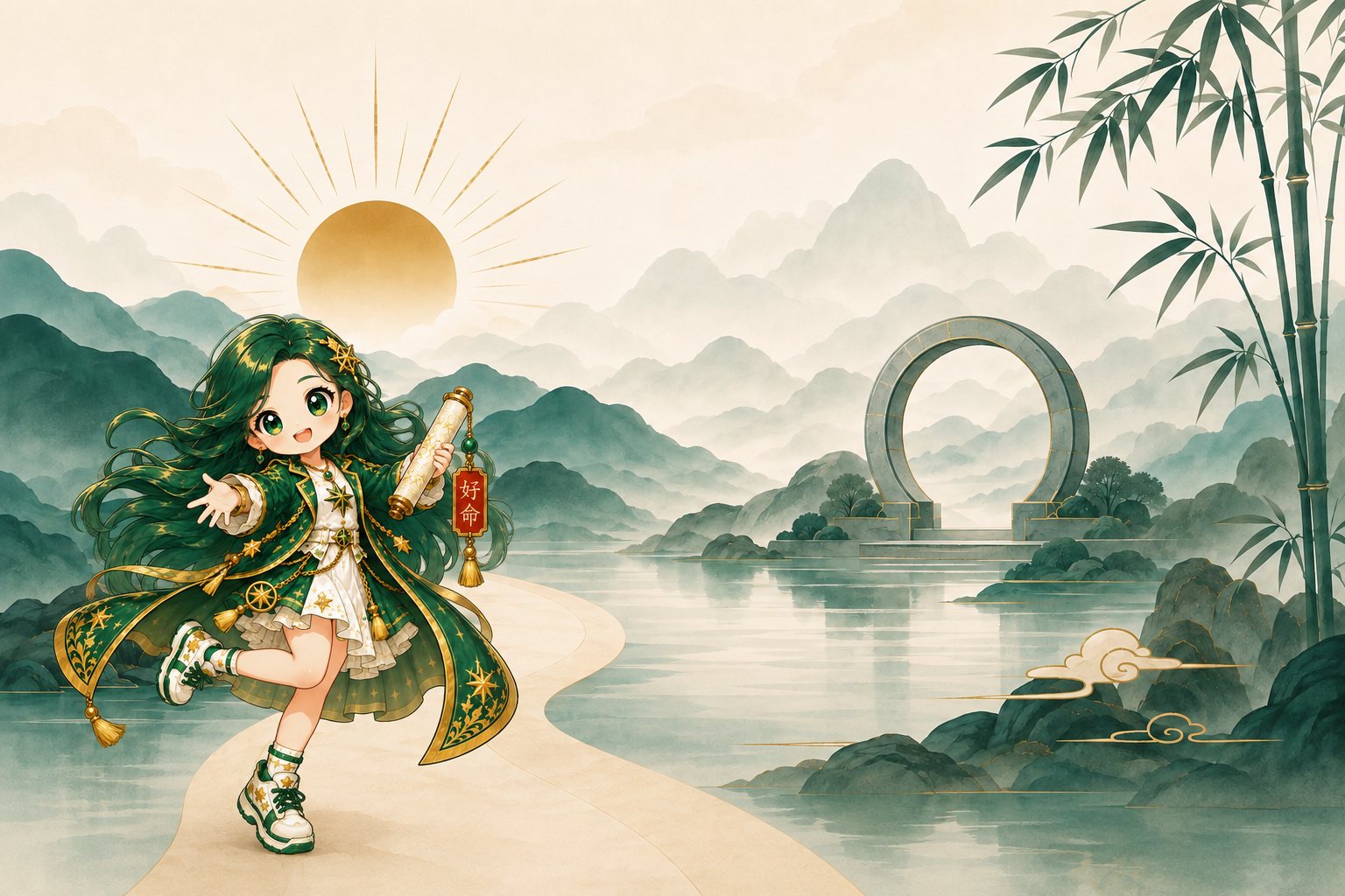 Ming on a winding path toward a moon gate at sunrise